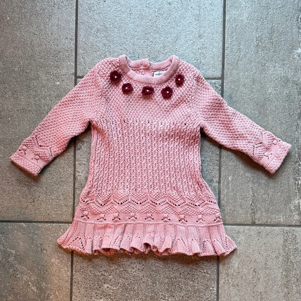 Cupcakes and Cashmere Baby Floral Pointelle Appliqué Knit Sweater Dress, 6-9 Mos